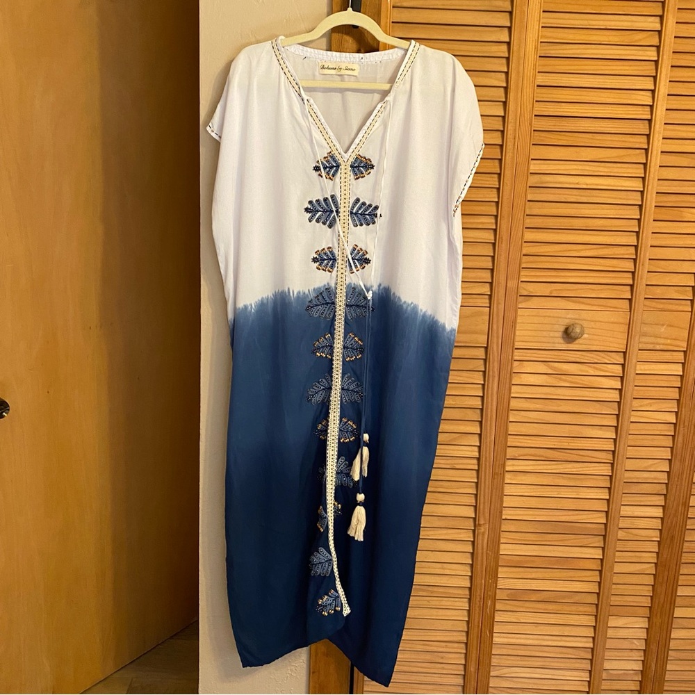 Boheme by Skemo Ombré Blue & White Beaded Caftan Maxi Dress Boho Resort Cover-Up